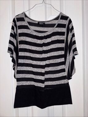 Iz Byer Black and Gray Striped Scoop Neck Sweater